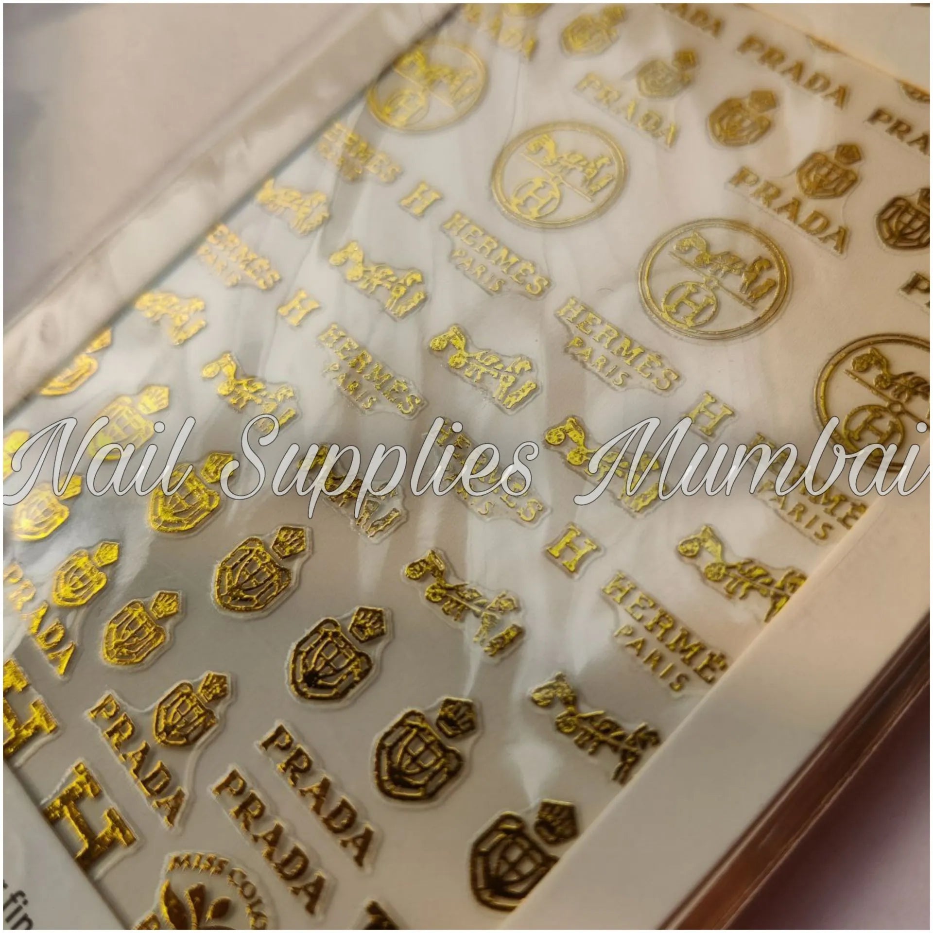 Hermes And Prada Gold Brand Nail Art Sticker Sheets