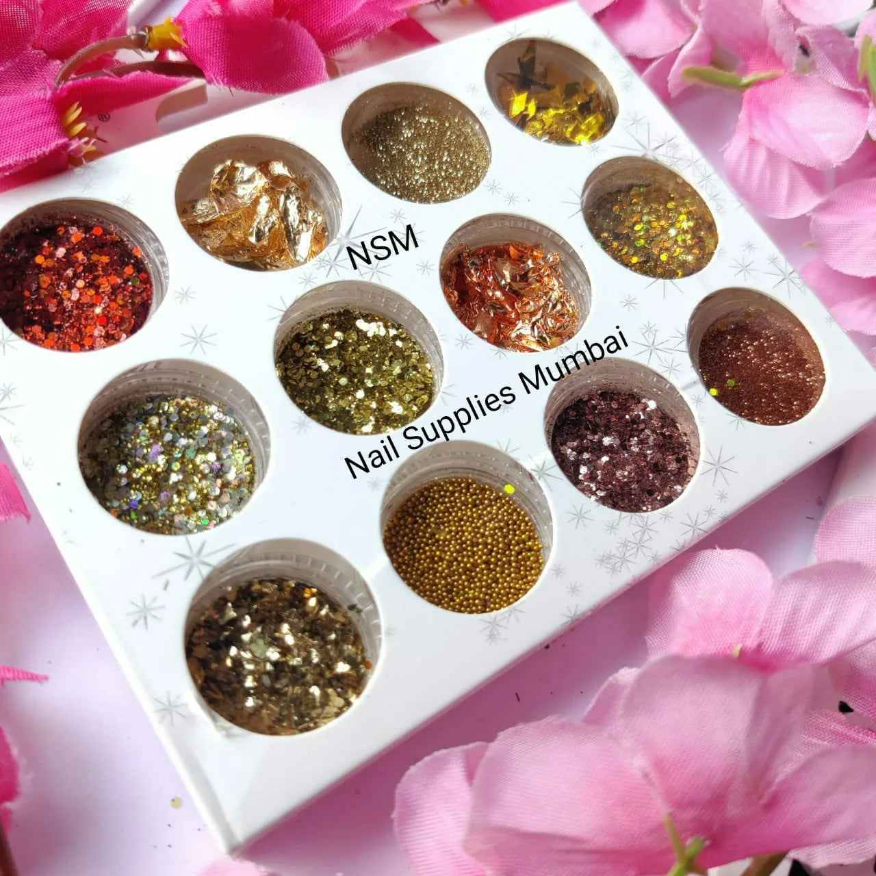Gold And Red Mix Nail Art Glitters, Chunks, Mylars And Caviar Beads (Set Of 12)