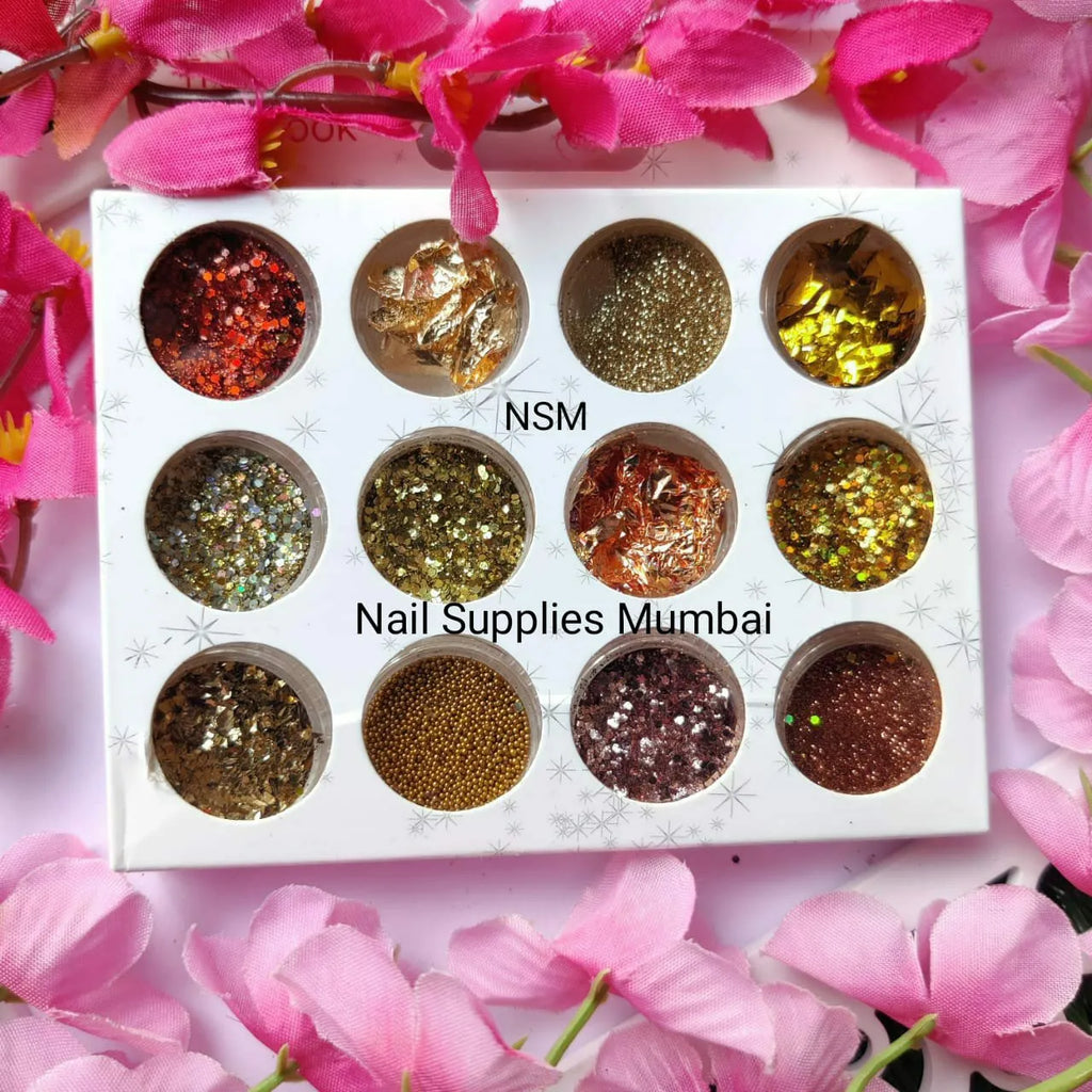 Gold And Red Mix Nail Art Glitters, Chunks, Mylars And Caviar Beads (Set Of 12)