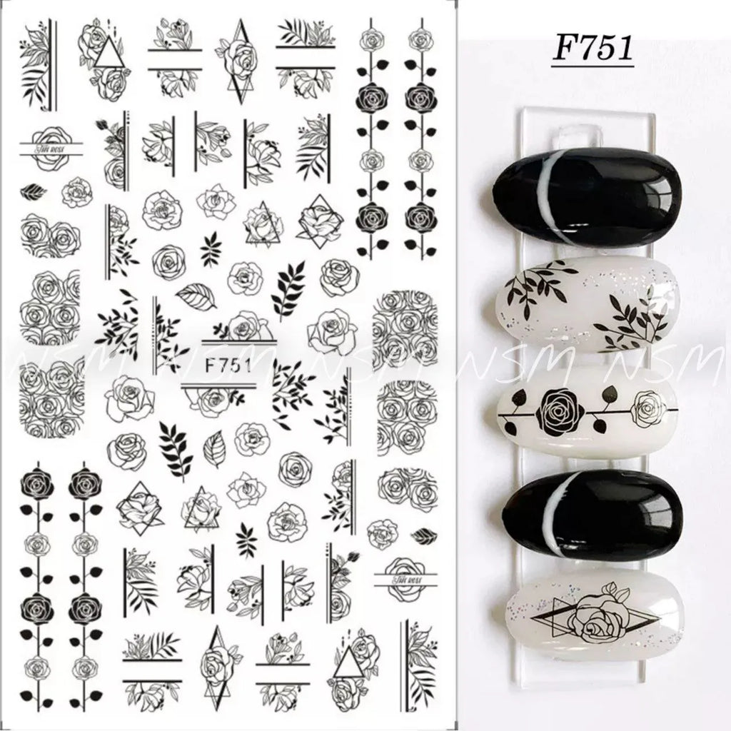 Black And White Roses And Leaves Sticker Sheets (F751)
