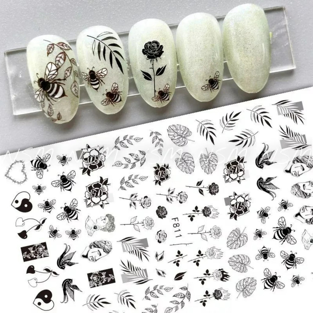 Black And White Flowers, Leaves, Bees And Abstract Sticker Sheets (F811)