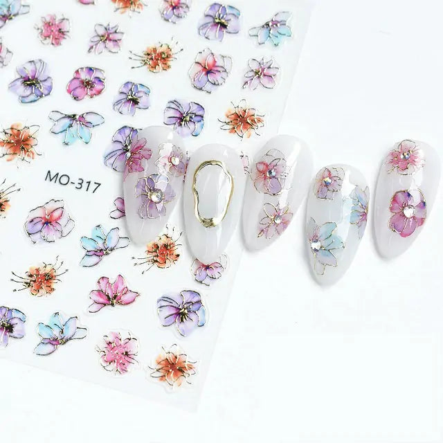 3D Flowers Nail Stickers With Gold Accents (MO-317)
