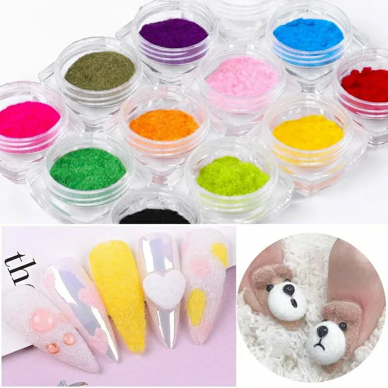Velvet Or Fur Effect Nail Art Powder Jars (Set Of 12 Random Colors)