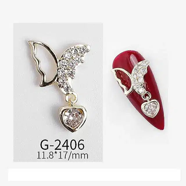AD Butterfly With Hanging Heart Nail Charms (Pack of 2 Pcs)
