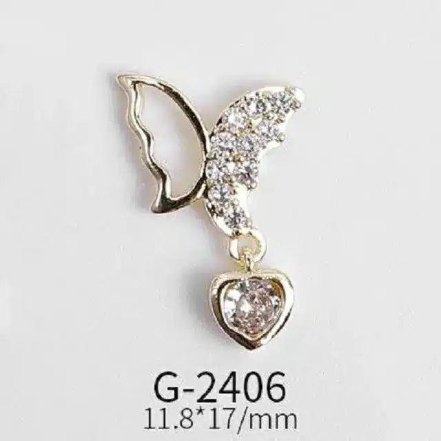 AD Butterfly With Hanging Heart Nail Charms (Pack of 2 Pcs)