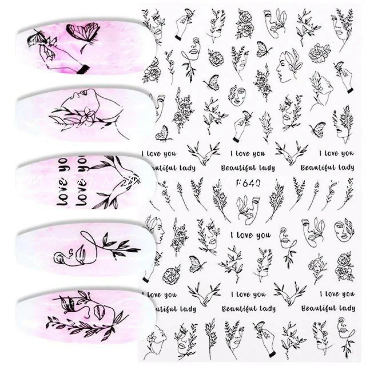 Abstract Lady Face And Leaves Nail Sticker Sheets (F640)