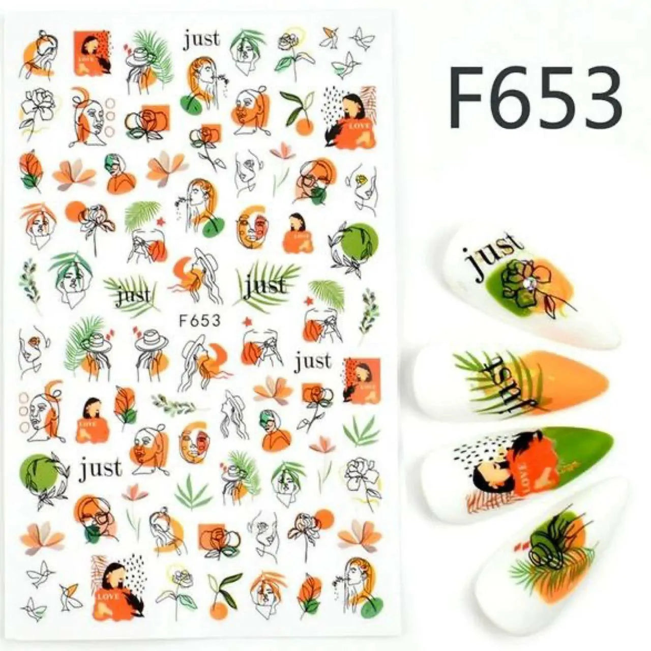 Abstract Women Face And Leaves Nail Art Sticker Sheet (F653)