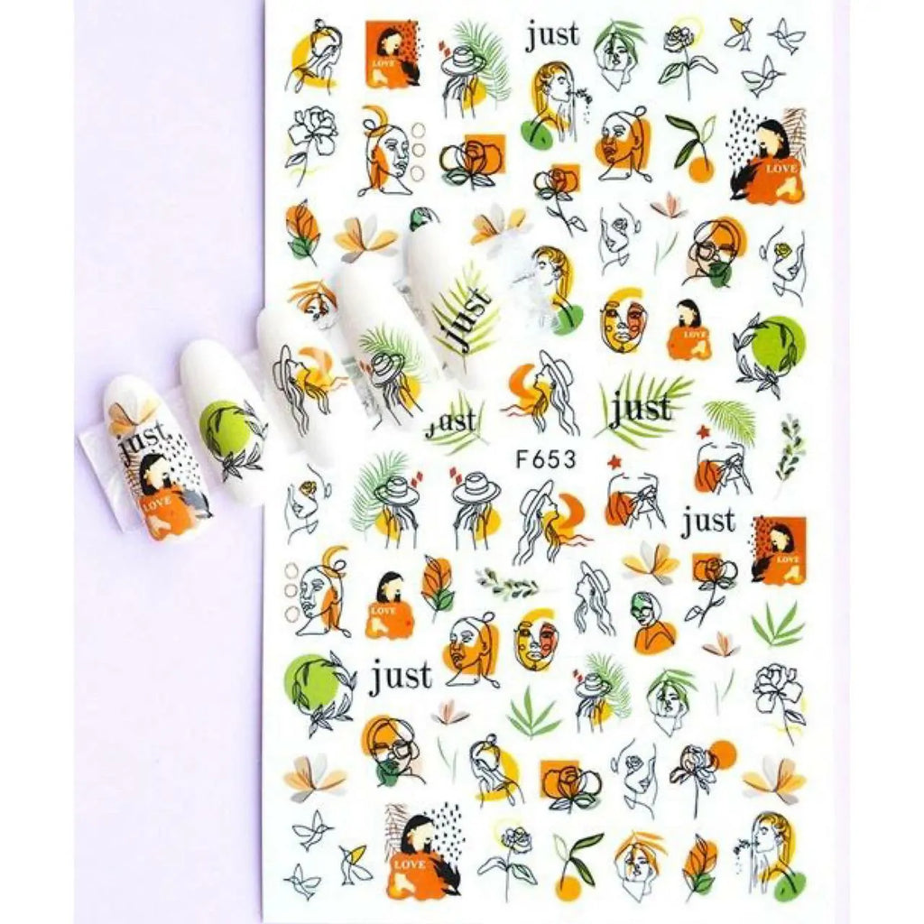 Abstract Women Face And Leaves Nail Art Sticker Sheet (F653)
