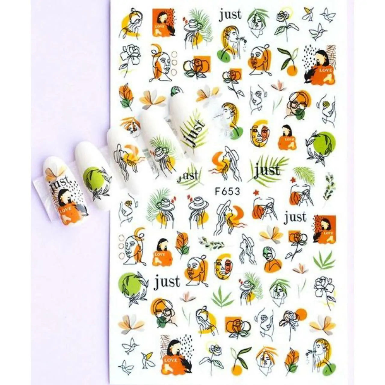 Abstract Women Face And Leaves Nail Art Sticker Sheet (F653)