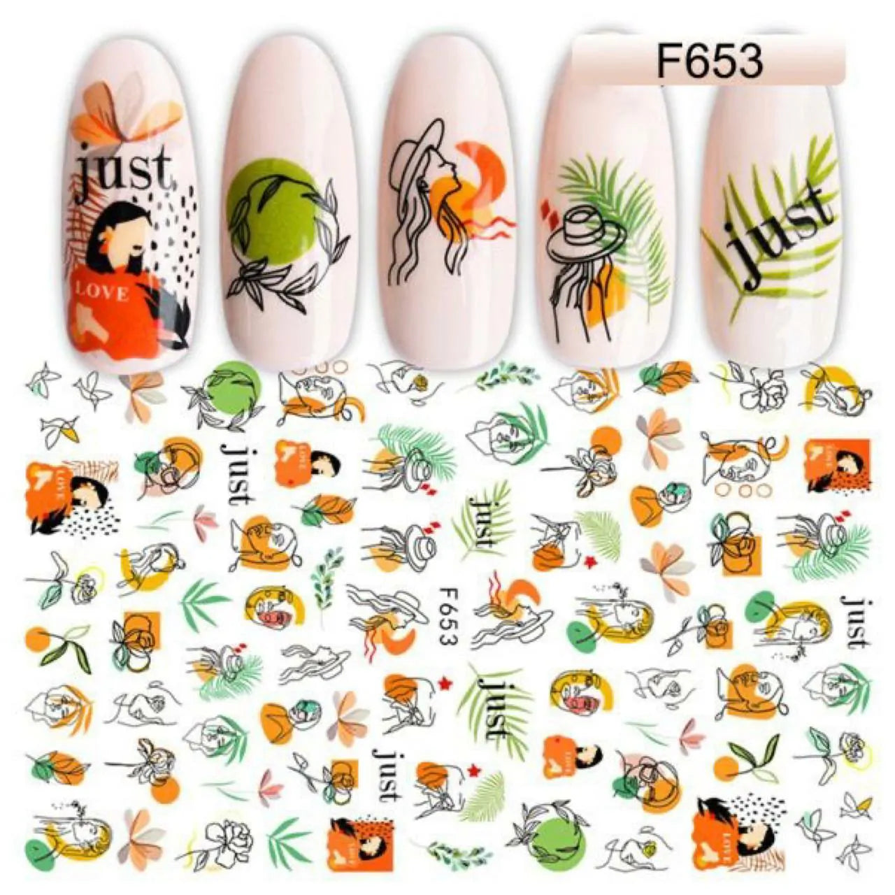 Abstract Women Face And Leaves Nail Art Sticker Sheet (F653)