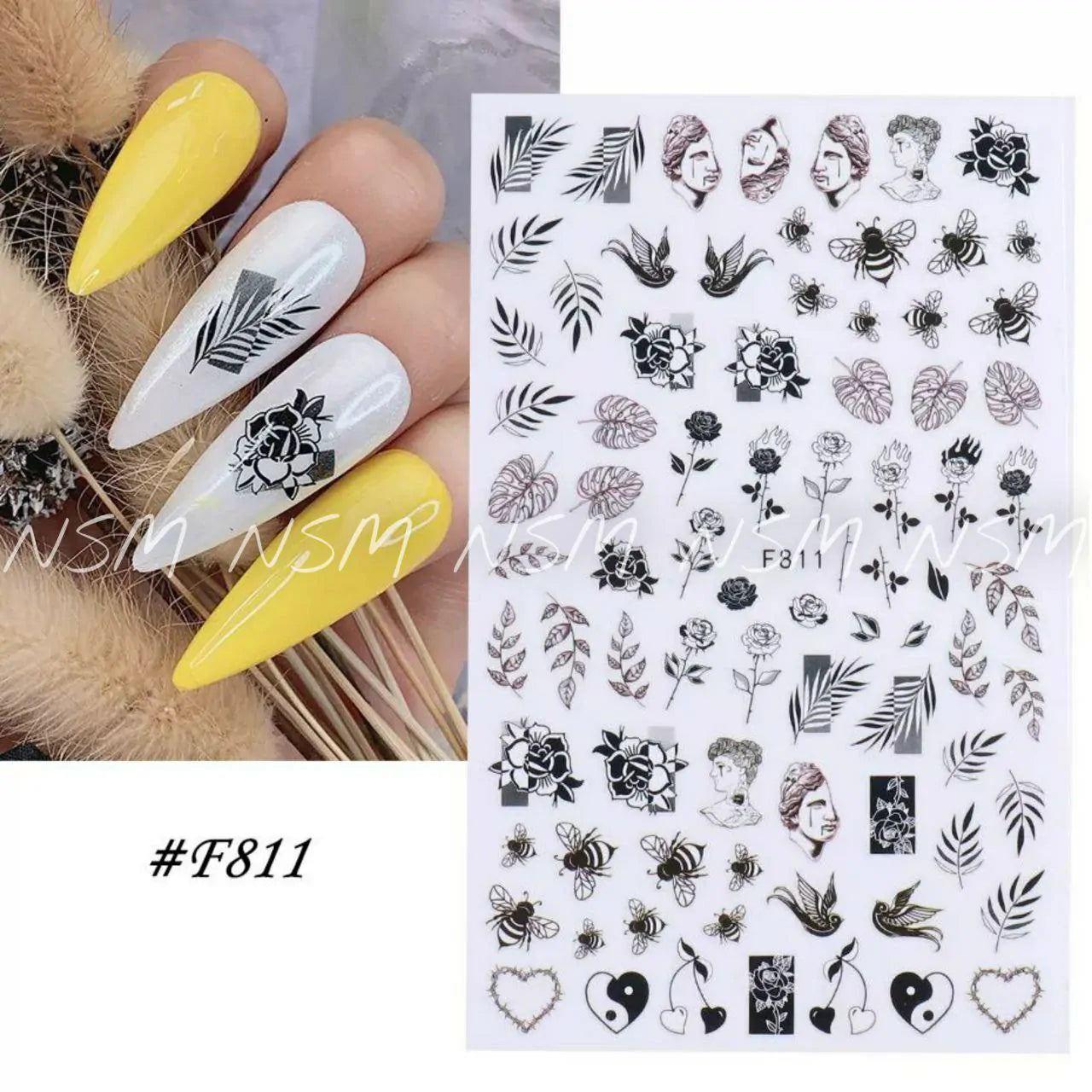 Black And White Flowers, Leaves, Bees And Abstract Sticker Sheets (F811)