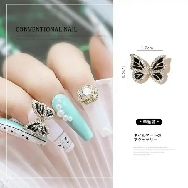 Black Diamond Moving Butterfly Nail Charms (Set Of 2 Pcs)