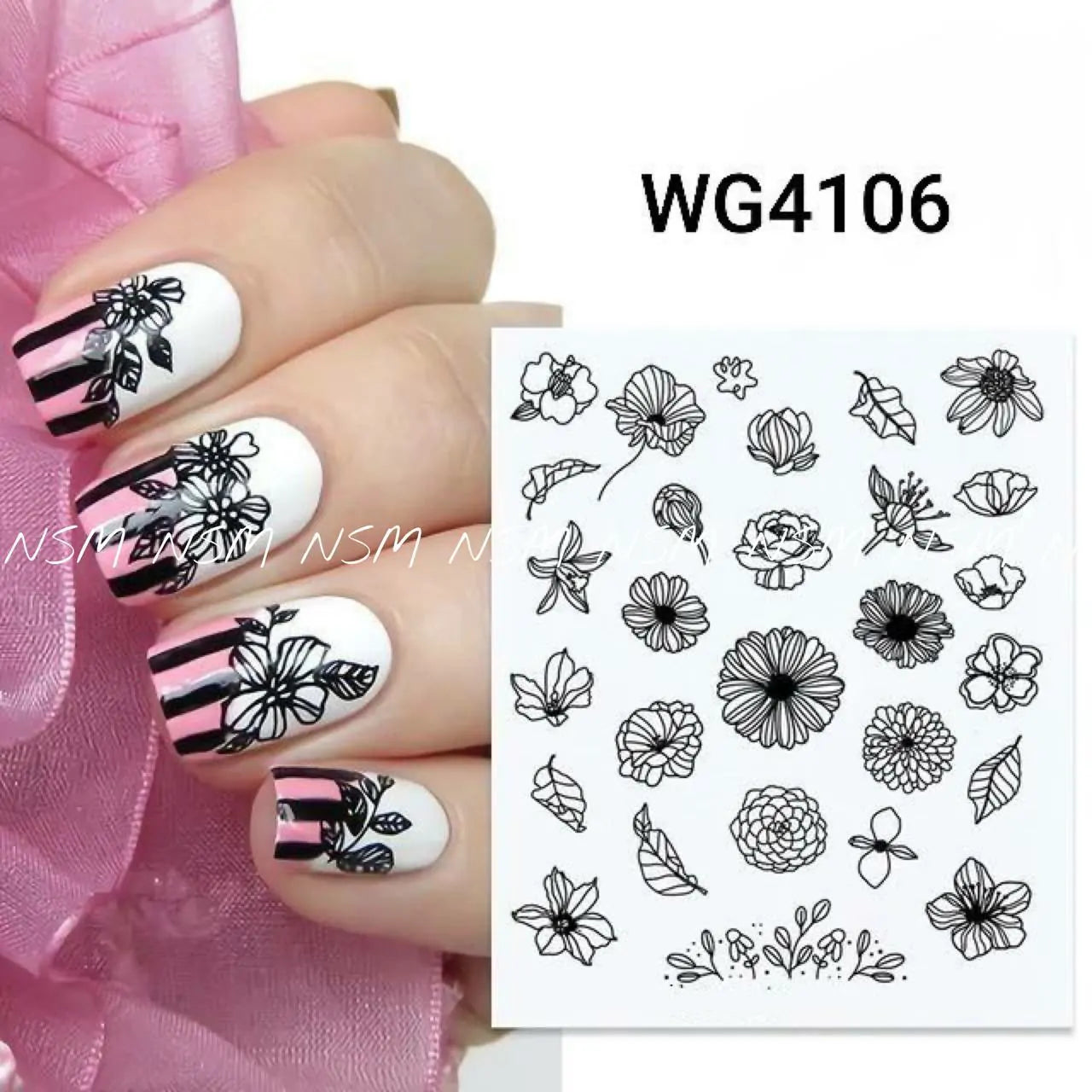 Black Outlined Flowers Water Decal Sticker Sheets (WG4106)