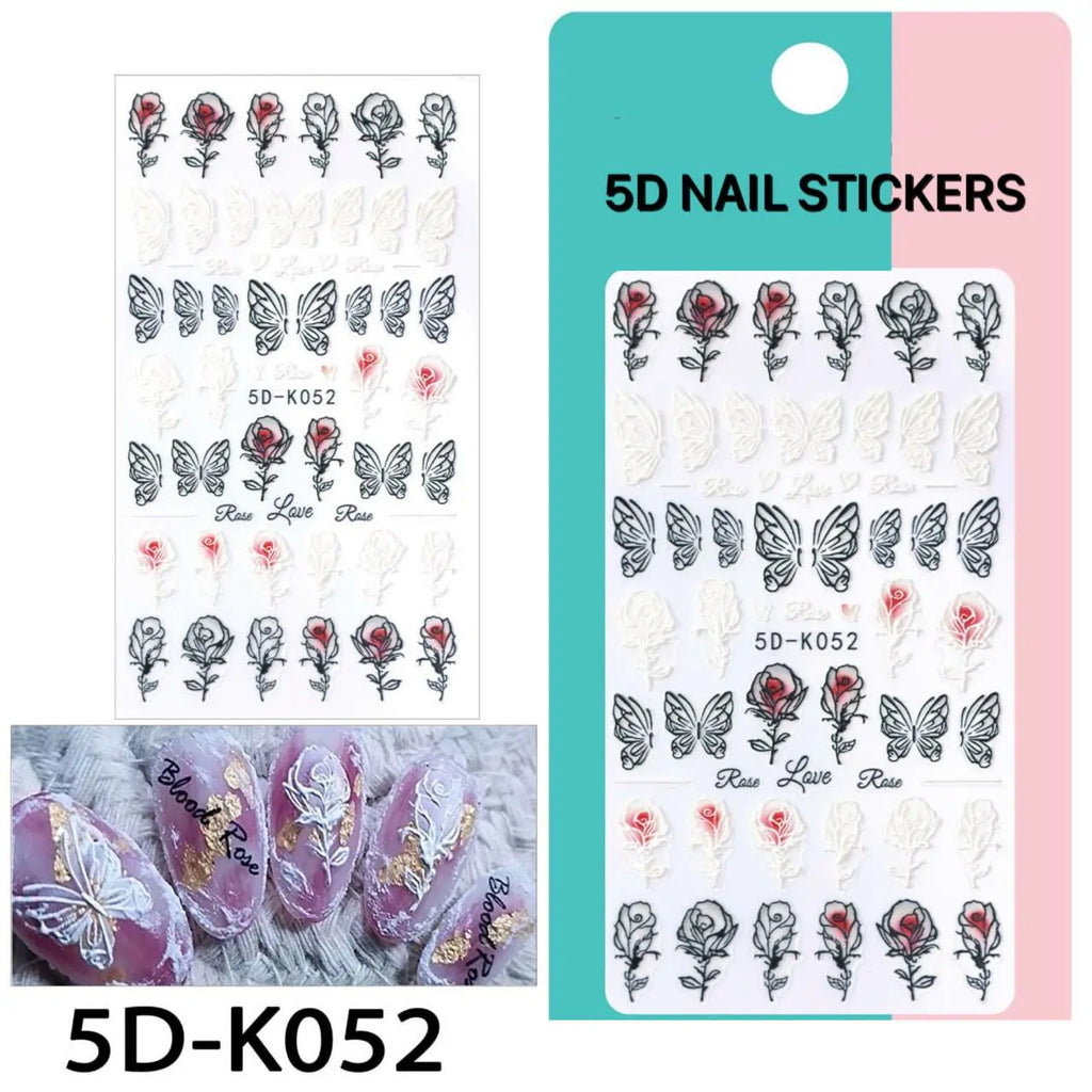 Blood Rose And Butterflies 5D Nail Art Sticker Sheets (5D-K052)