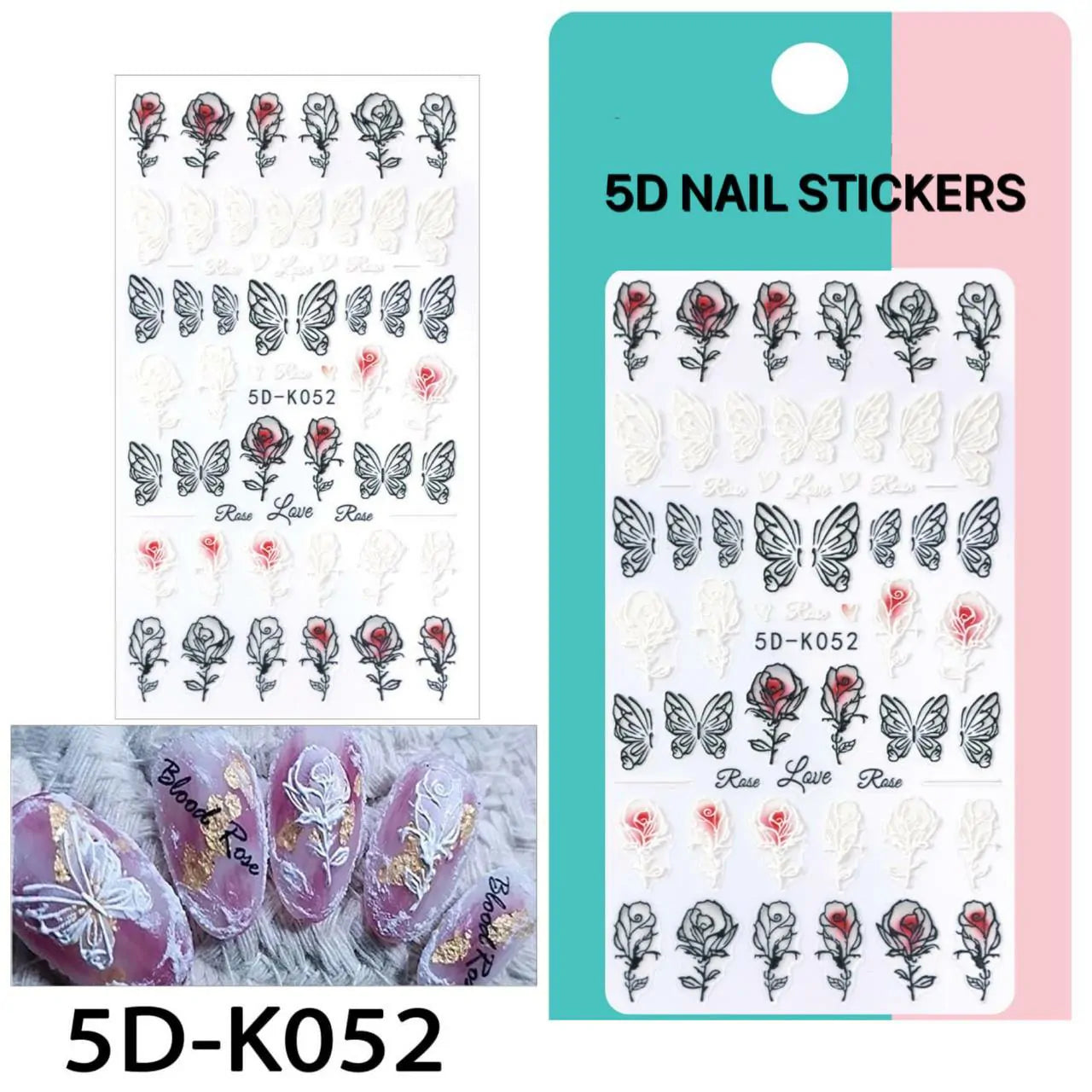 Blood Rose And Butterflies 5D Nail Art Sticker Sheets (5D-K052)