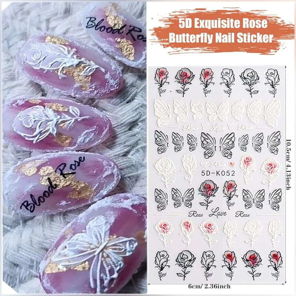 Blood Rose And Butterflies 5D Nail Art Sticker Sheets (5D-K052)