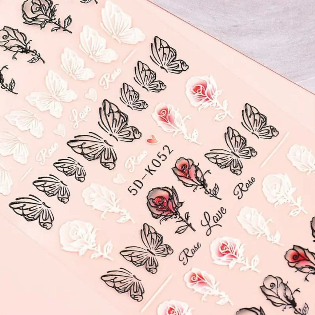 Blood Rose And Butterflies 5D Nail Art Sticker Sheets (5D-K052)