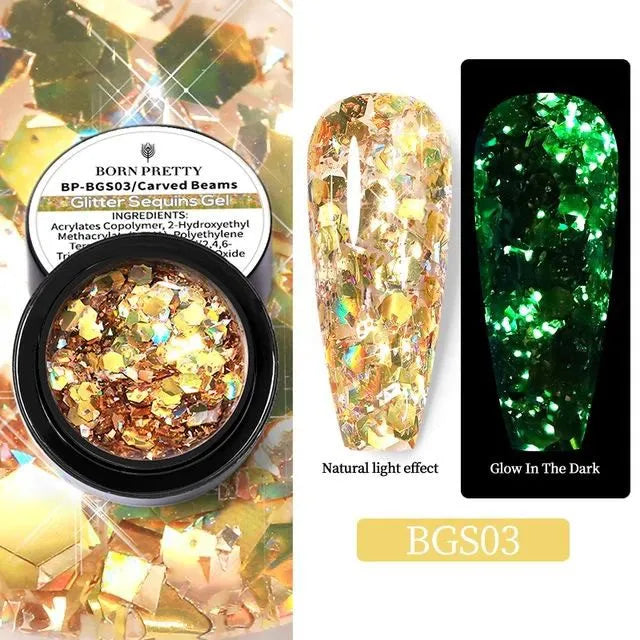 Born Pretty Glow In The Dark Gold Carved Beams Glitter Sequins Gel BGS03 (5gm)