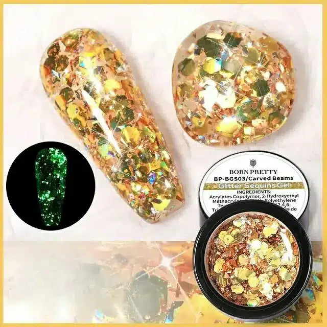 Born Pretty Glow In The Dark Gold Carved Beams Glitter Sequins Gel BGS03 (5gm)