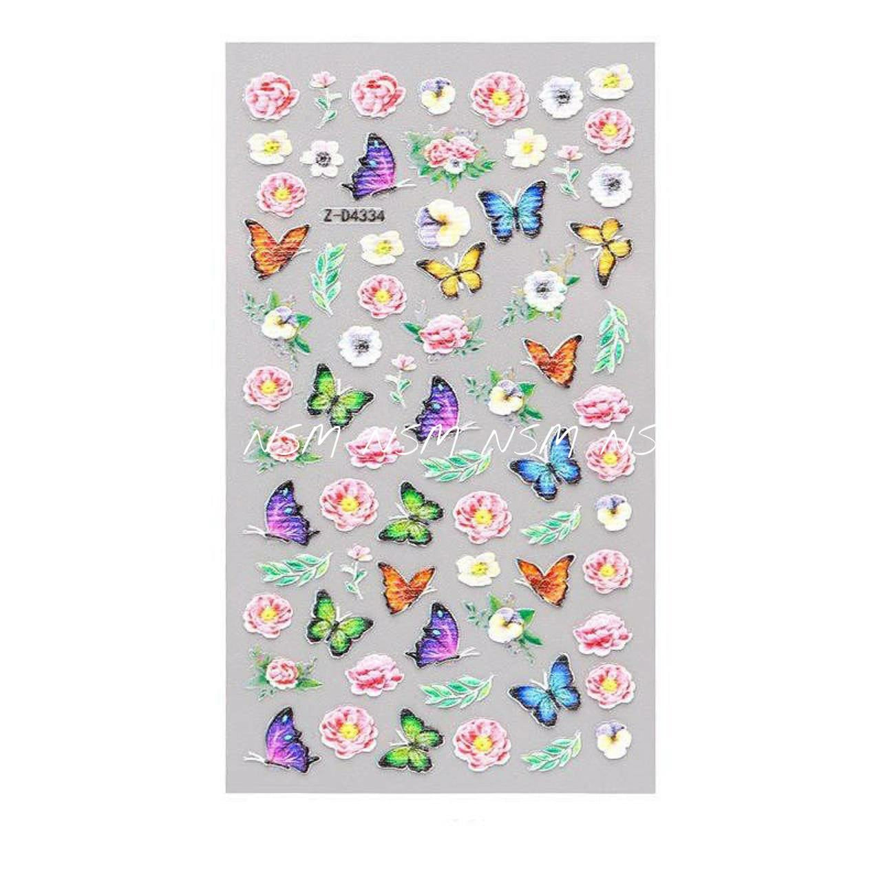 Butterfly Flowers And Leaves Embossed 5D Nail Art Sticker Sheets (Z-D4334)