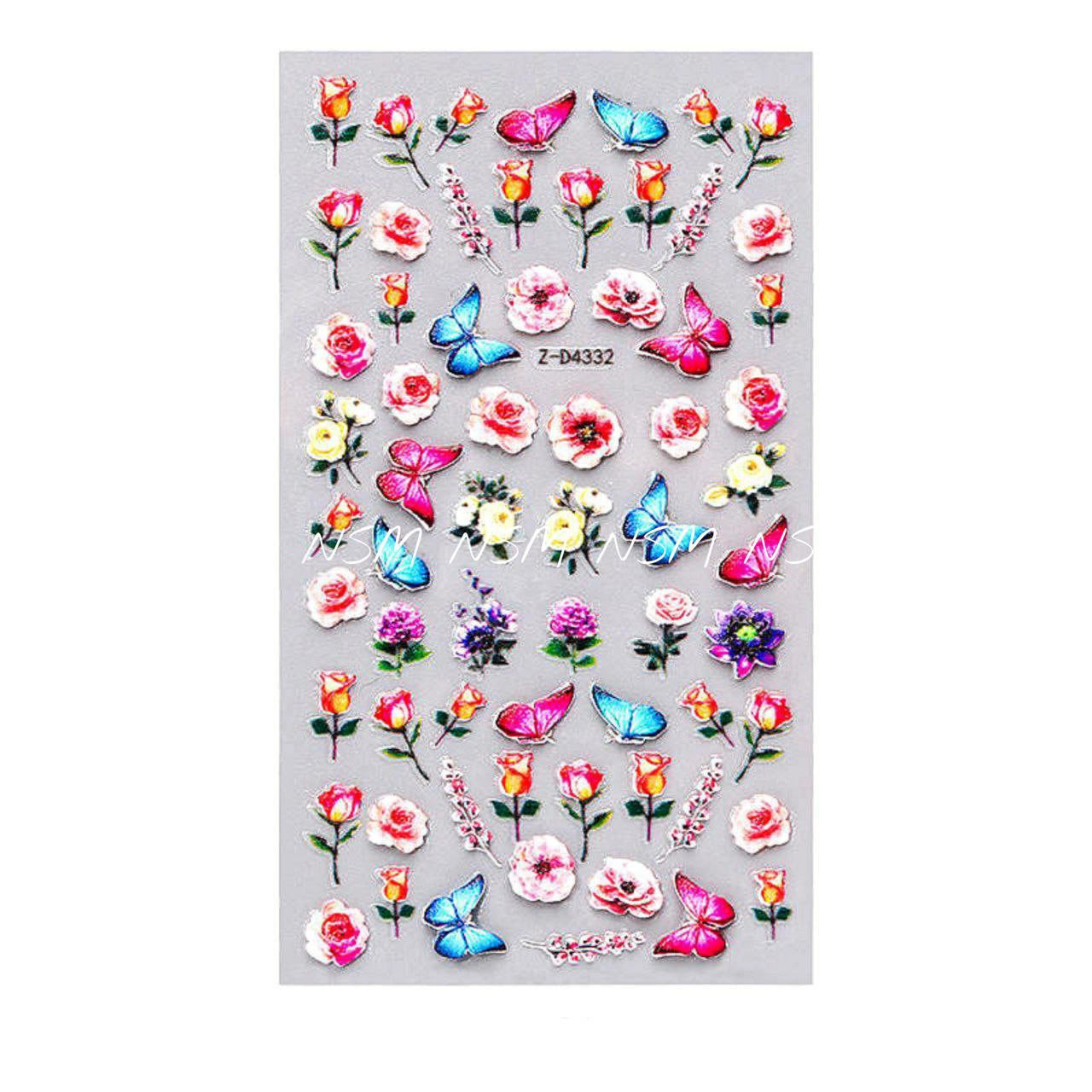 Butterfly Roses And Flowers Embossed 5D Nail Art Sticker Sheets (Z-D4332)