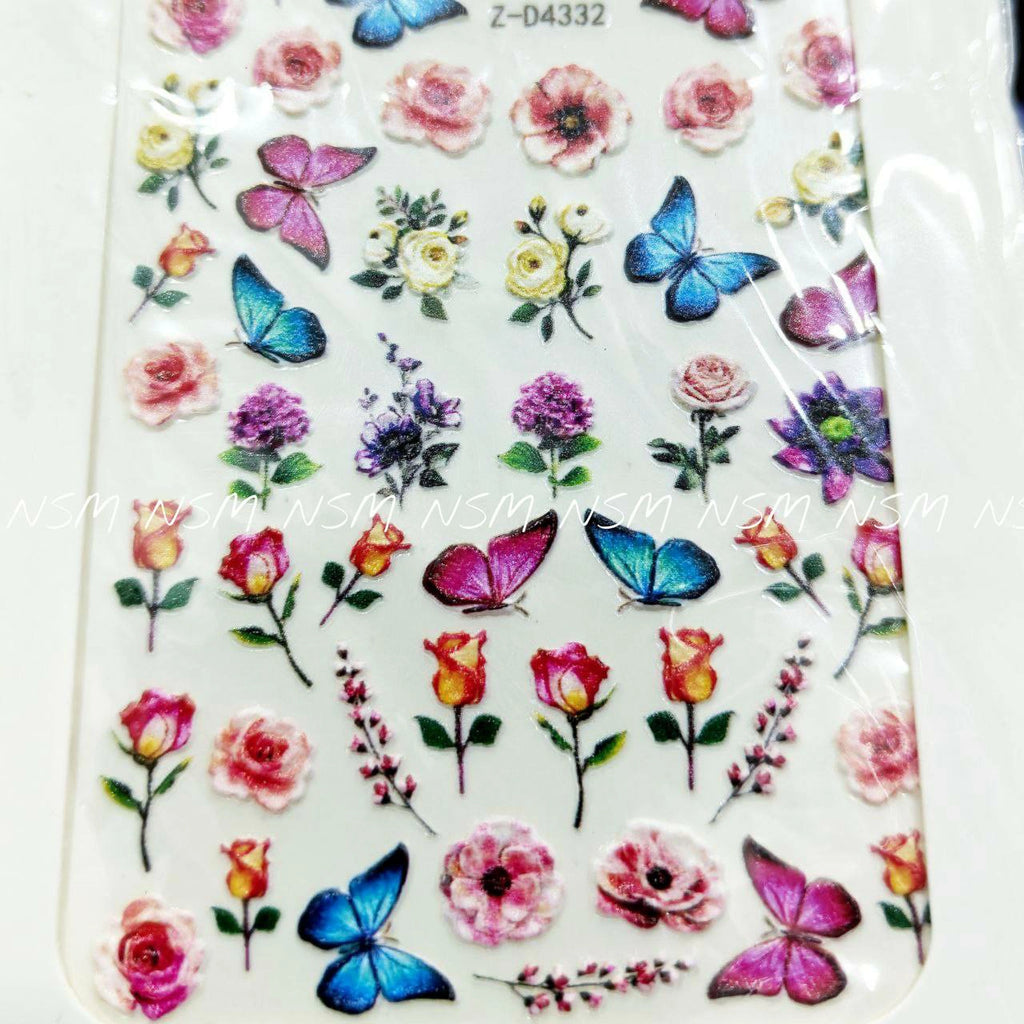 Butterfly Roses And Flowers Embossed 5D Nail Art Sticker Sheets (Z-D4332)