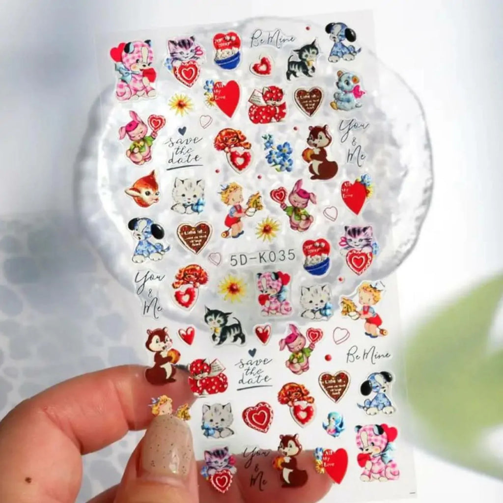 Cats And Hearts Themed 5D Nail Art Sticker Sheets (5D-K035)