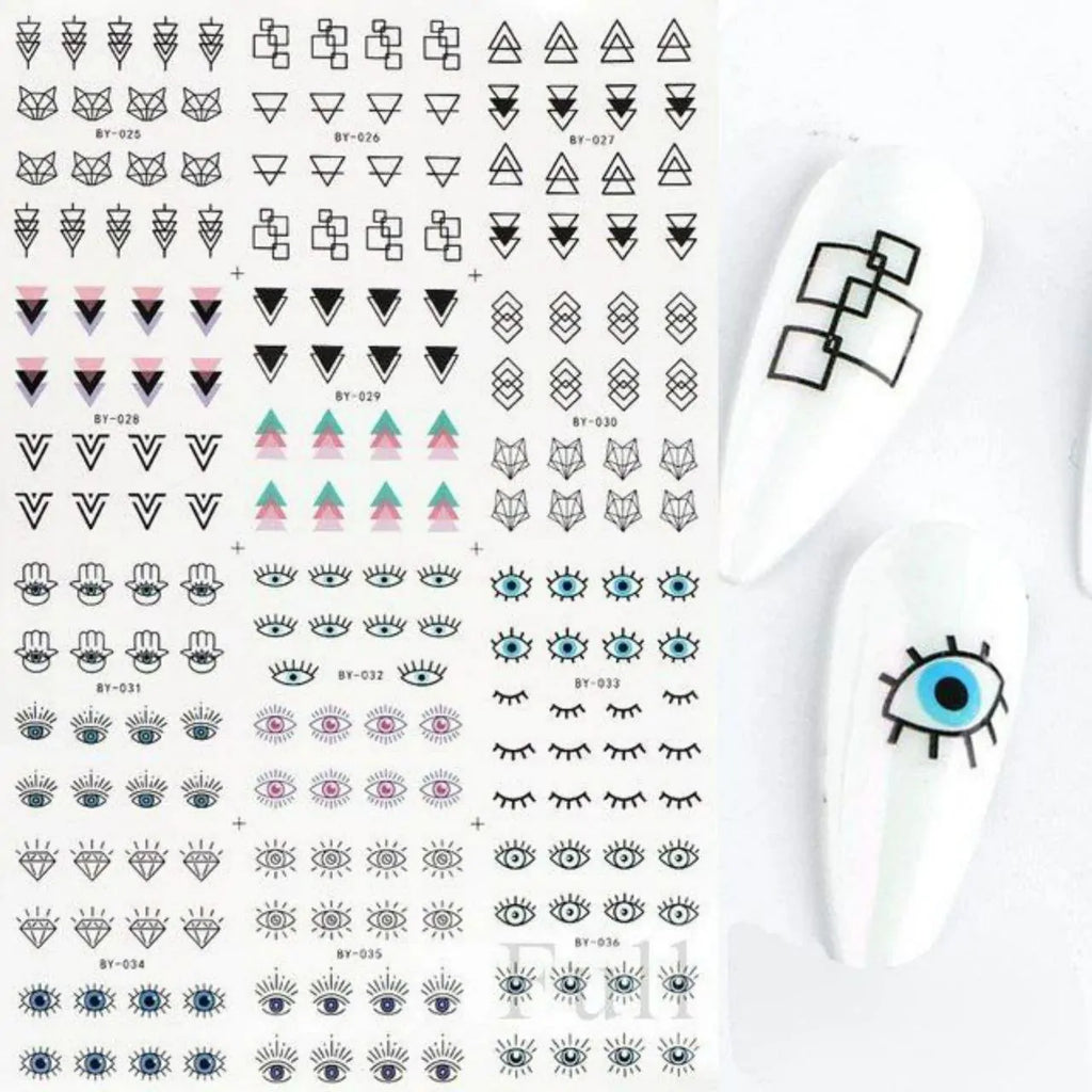 Evil Eye And Abstract Nail Art Water Decal Sticker Sheet BY-036 (12 Prints)