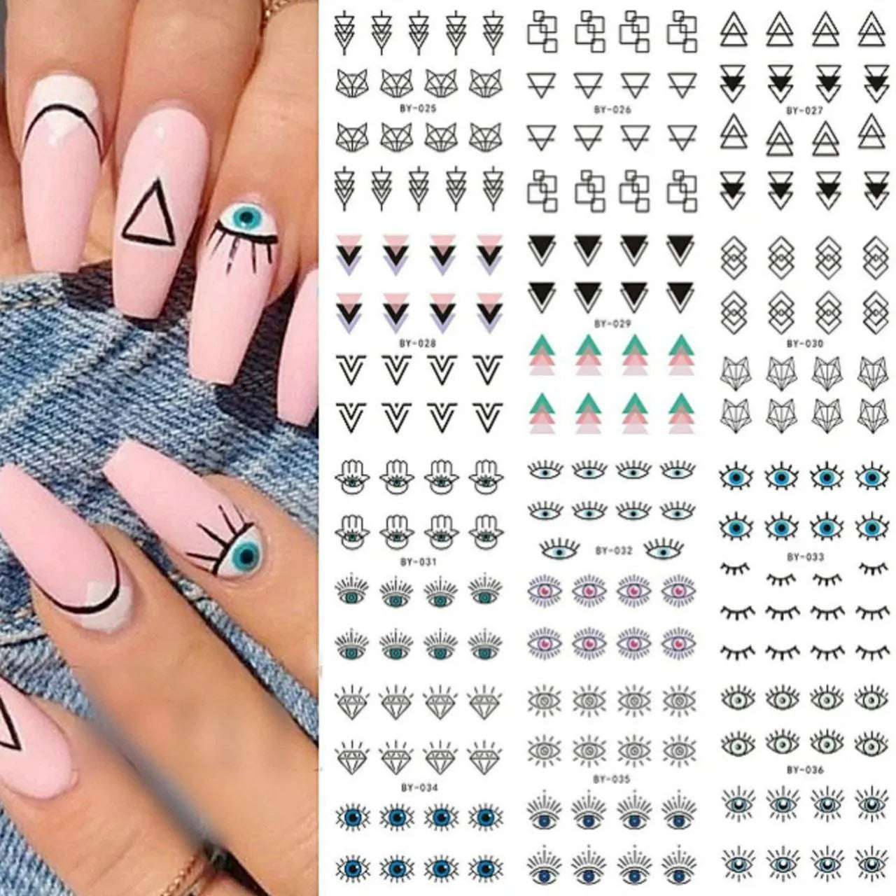 Evil Eye And Abstract Nail Art Water Decal Sticker Sheet BY-036 (12 Prints)