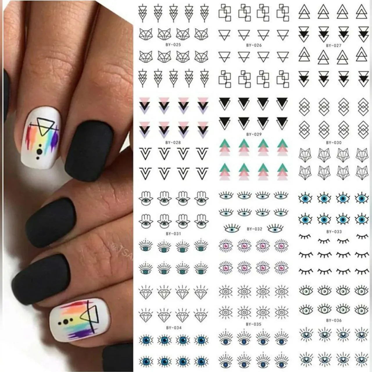 Evil Eye And Abstract Nail Art Water Decal Sticker Sheet BY-036 (12 Prints)