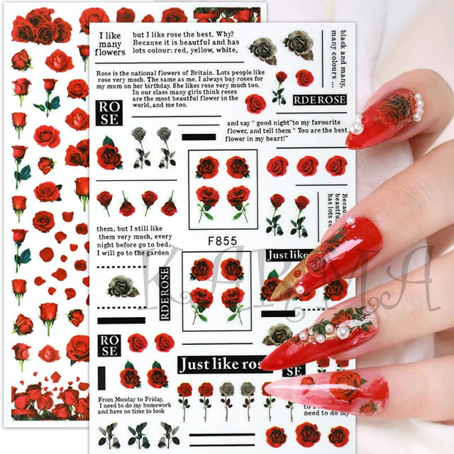 Red Roses and Texts Nail Stickers Sheet (F855)