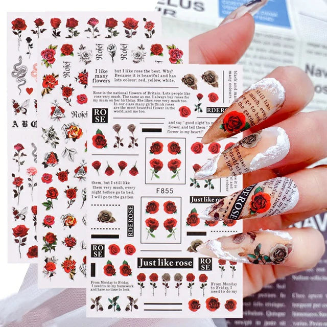 Red Roses and Texts Nail Stickers Sheet (F855)
