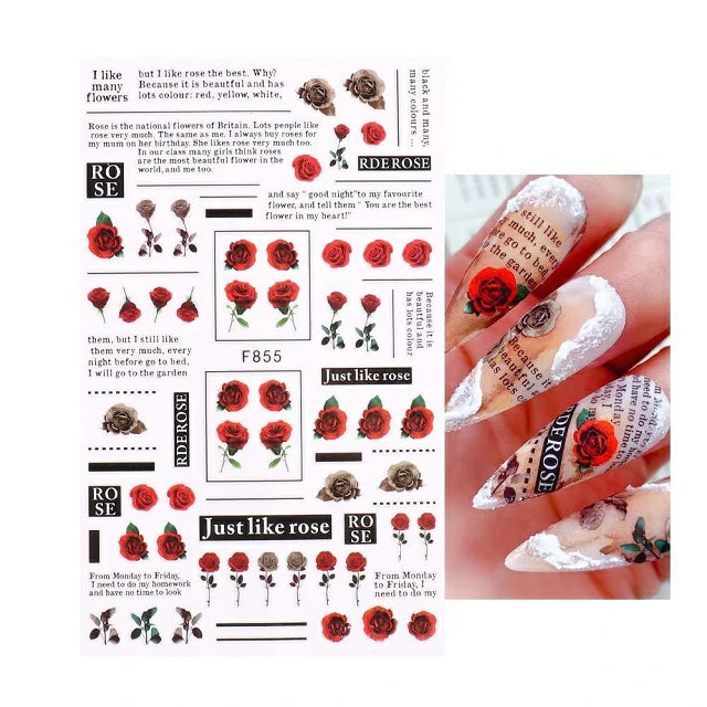 Red Roses and Texts Nail Stickers Sheet (F855)