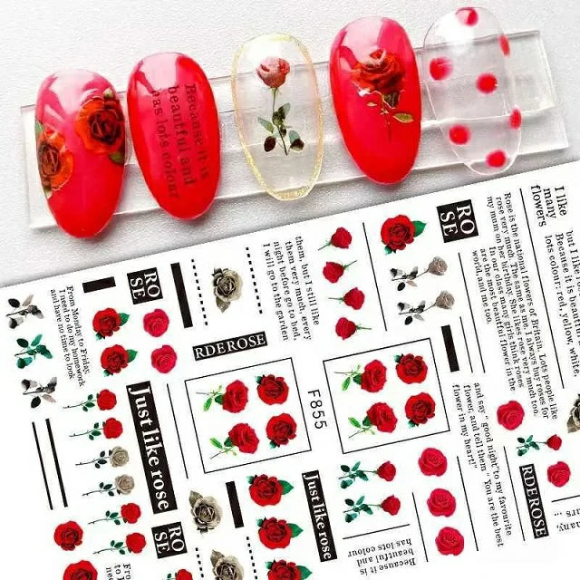Red Roses and Texts Nail Stickers Sheet (F855)
