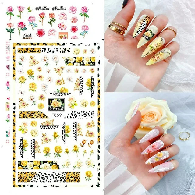 Yellow Roses And Leopard Print Nail Stickers Sheet (F859)