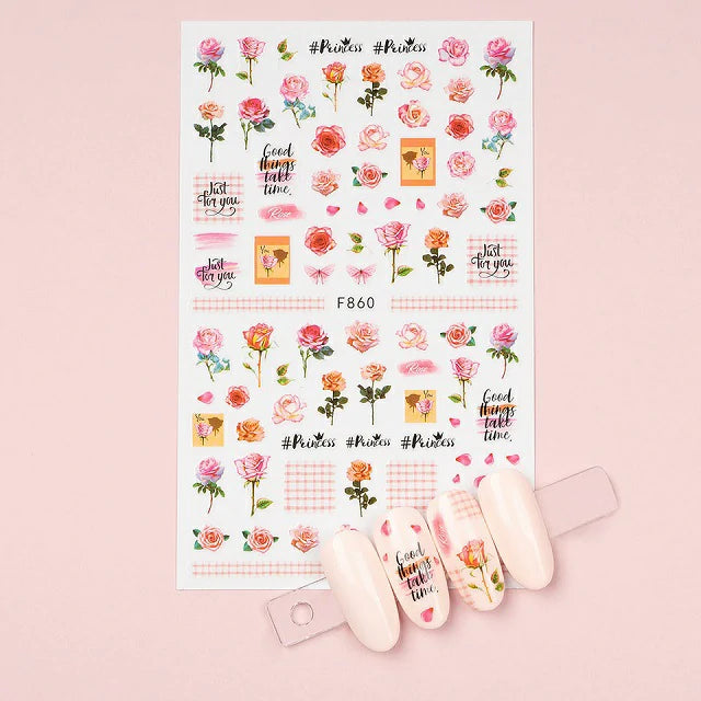 Pink Roses And Texts Nail Stickers Sheet (F860)