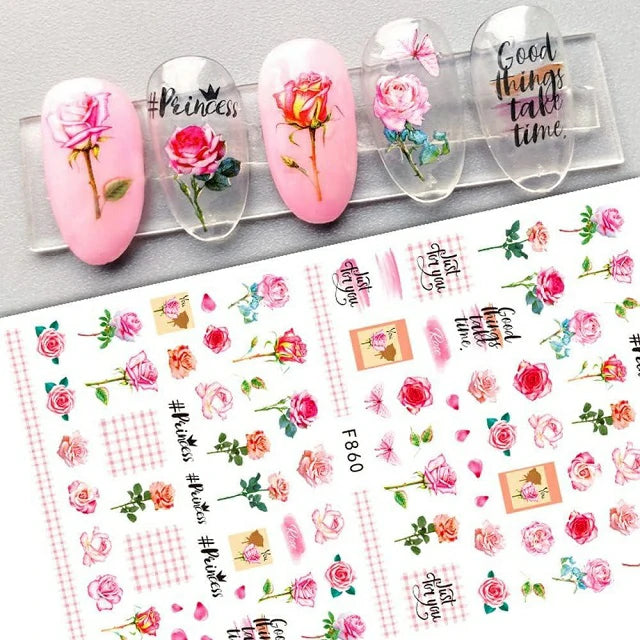 Pink Roses And Texts Nail Stickers Sheet (F860)