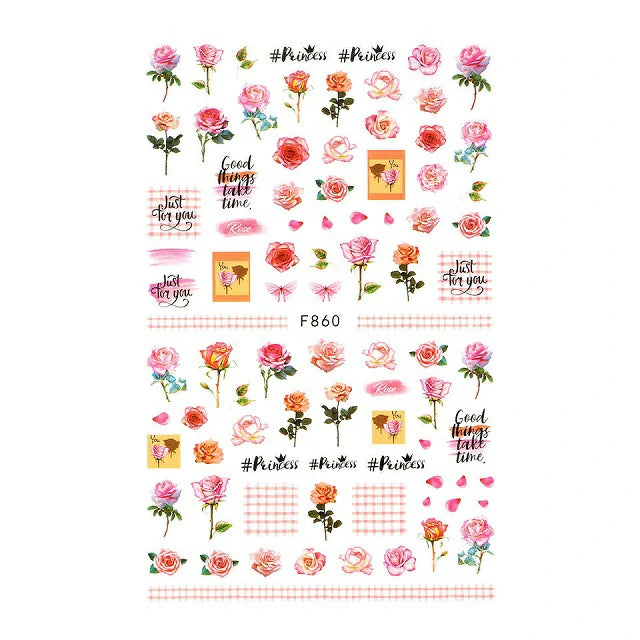 Pink Roses And Texts Nail Stickers Sheet (F860)