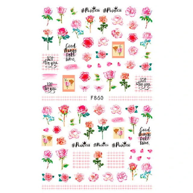 Pink Roses And Texts Nail Stickers Sheet (F860)