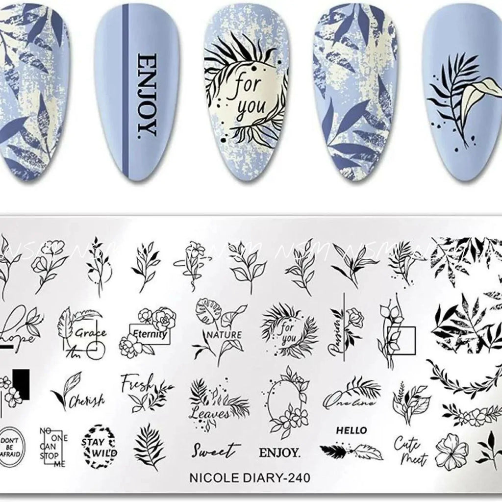 Fern, Leaves and Text Stamping Plate By Nicole Diary (240)