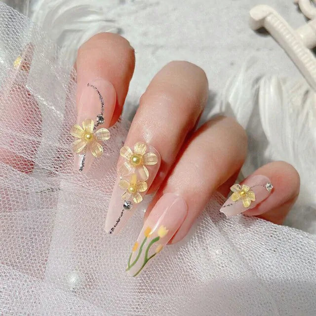 Five Petals 3D Yellow Crystal Flower Charms With Rhinestones And Gold Caviar Beads