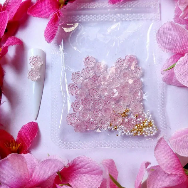 Glittery Pink Glow In Dark Flower Nail Charms With Pearls And Gold Caviar Beads