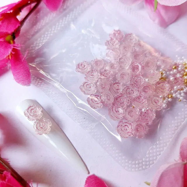 Glittery Pink Glow In Dark Flower Nail Charms With Pearls And Gold Caviar Beads