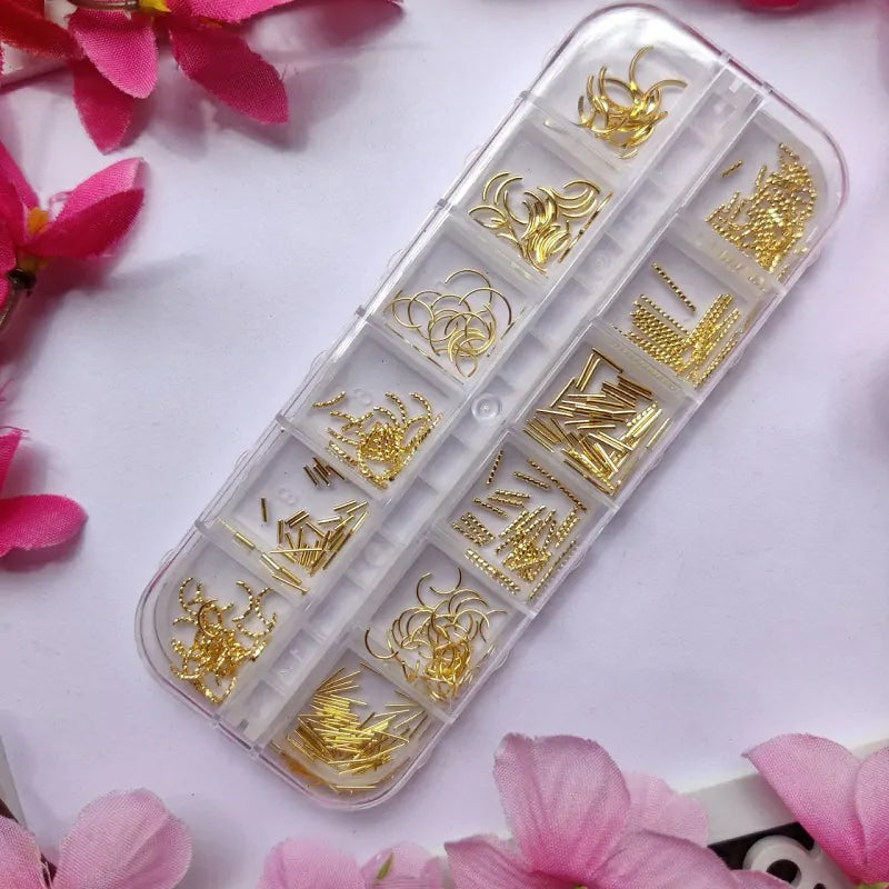 Gold Metal Curves And Lines Nail Accessories Grid