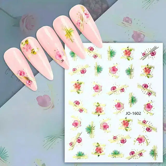 Gold Metallic Floral Design Nail Stickers Sheet (JO-1602)