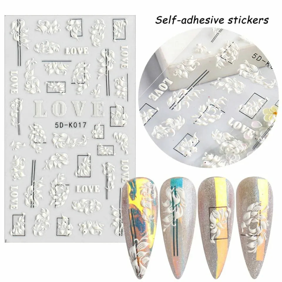 White Love Swirls And Leaves 5D Nail Art Sticker Sheets (5D-K017)