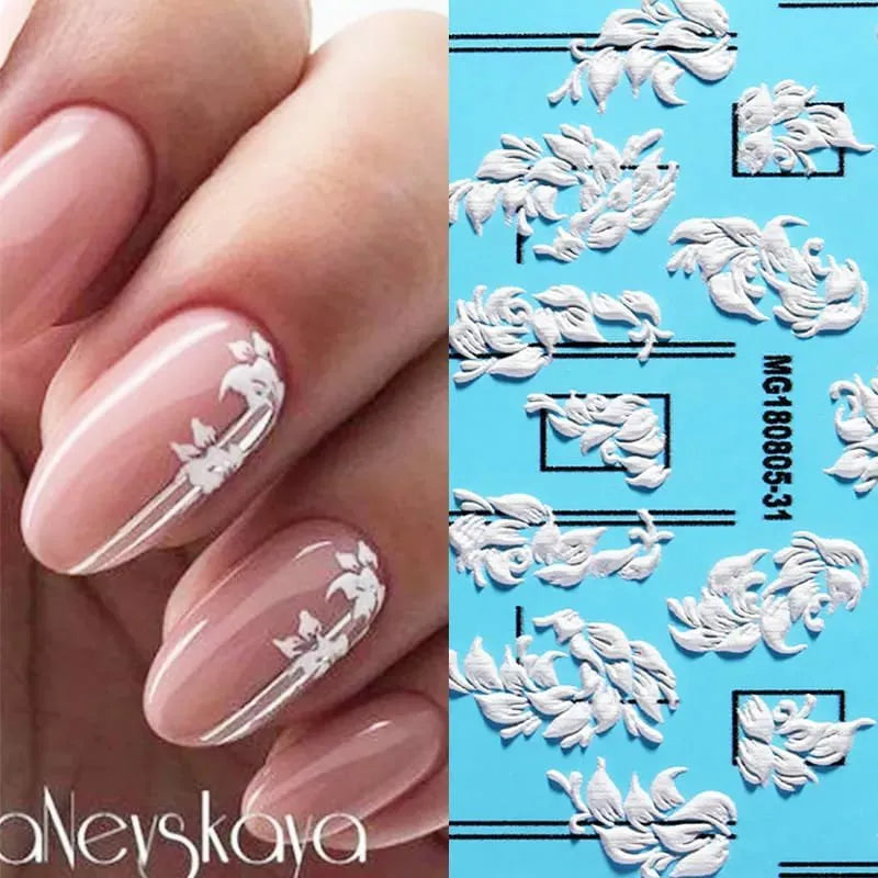 White Love Swirls And Leaves 5D Nail Art Sticker Sheets (5D-K017)