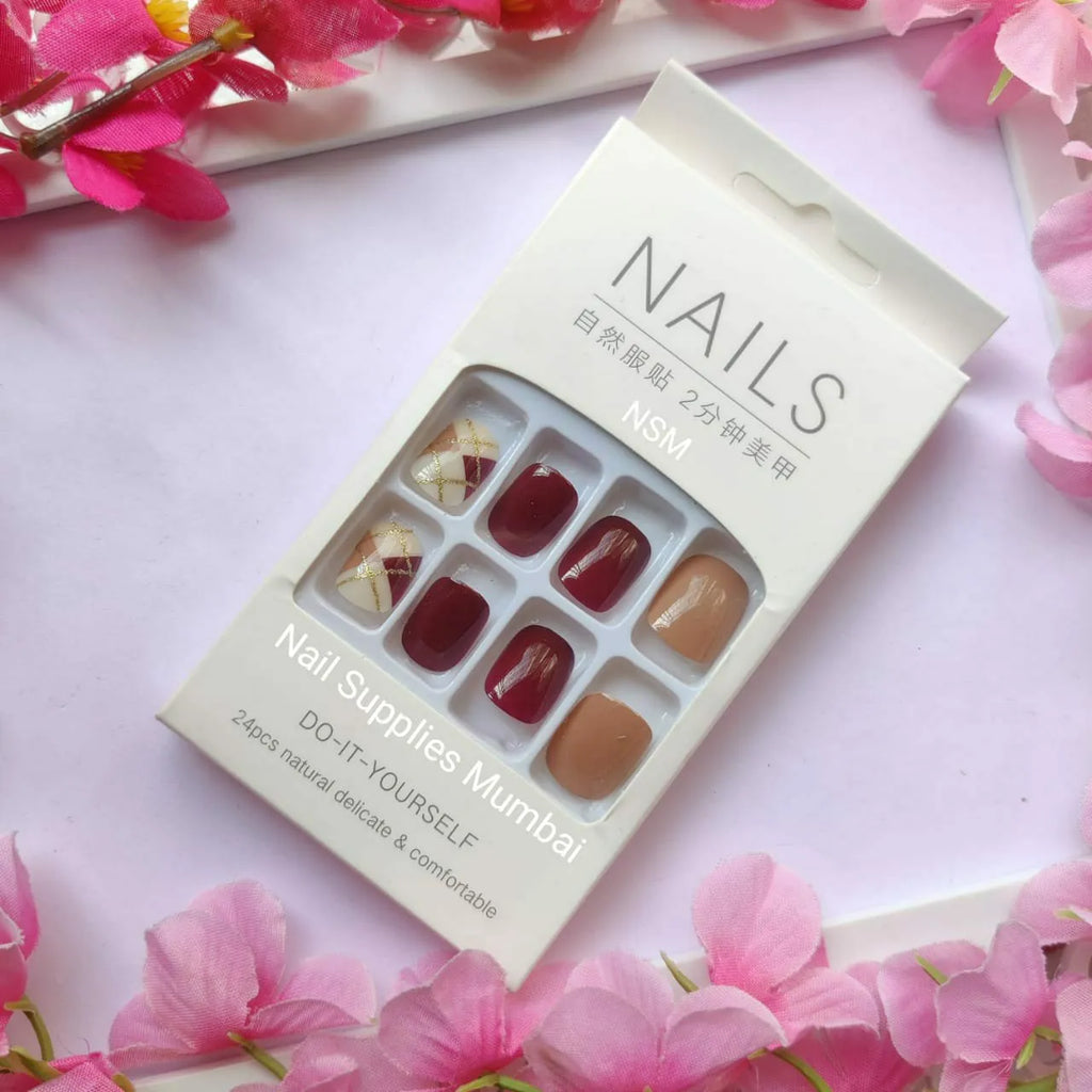 Nude And Red Abstract Press On Nails (Set Of 24 Pc)