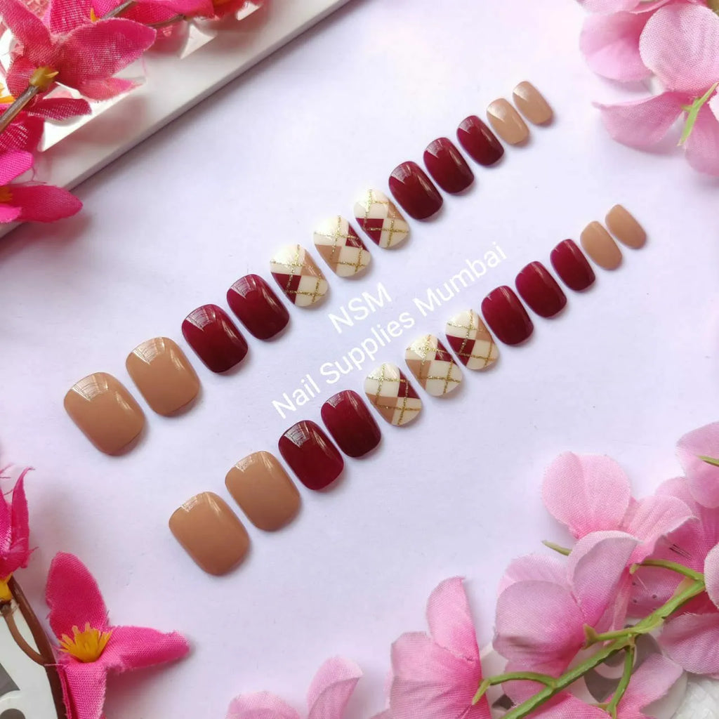 Nude And Red Abstract Press On Nails (Set Of 24 Pc)
