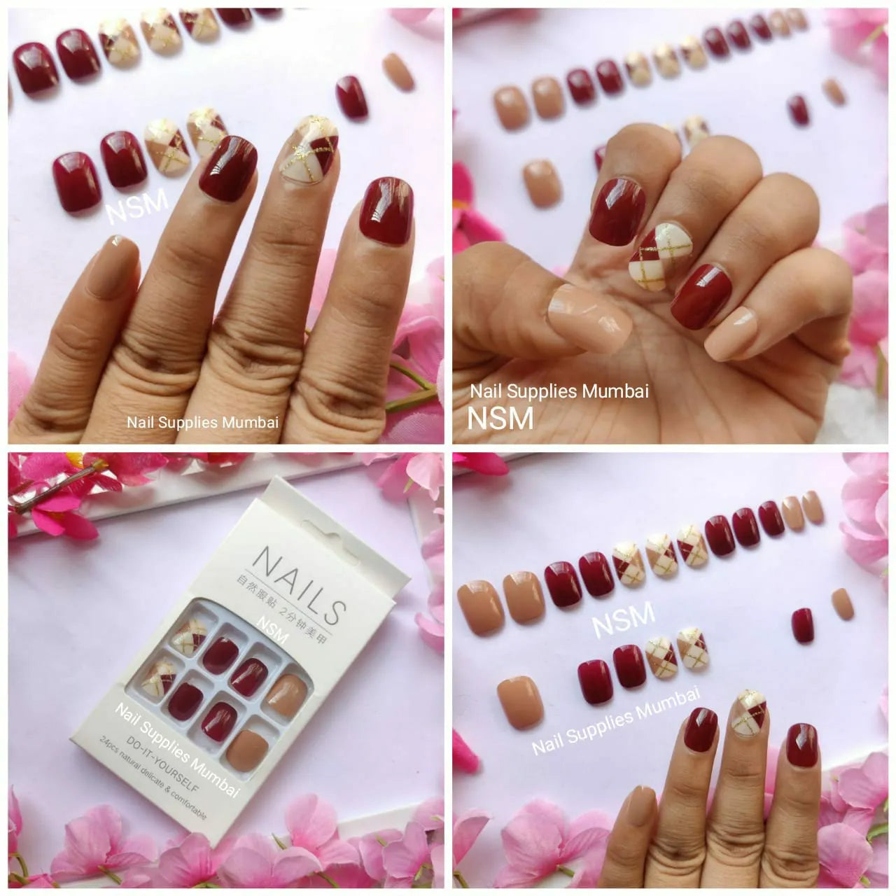 Nude And Red Abstract Press On Nails (Set Of 24 Pc)